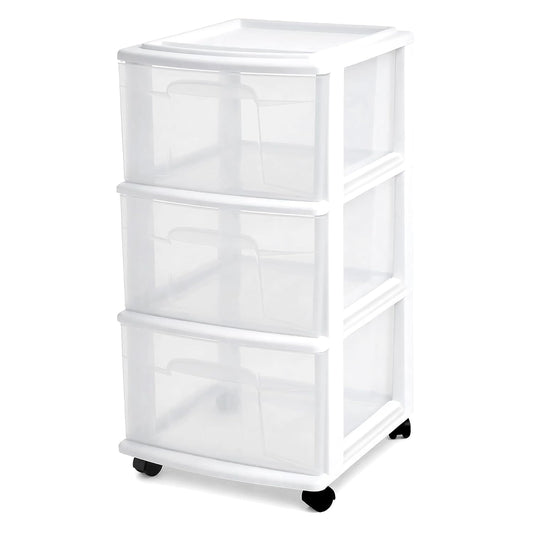 HOMZ Drawer Tower, 3-Tier Storage Cart with Removable Wheels, White Frame | Plastic Organizer with Clear Bin Drawers for Bedroom, Bathroom, Home Office, and Dorm Rooms