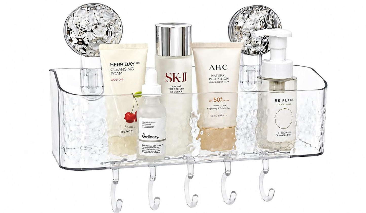 HOME&I Suction Cup Shower Caddy with Twist-to-Lock Mount, Drill-Free Bathroom Organizer for Toothbrush, Toothpaste & Razor, Self-Draining Storage Rack with 5 Hooks