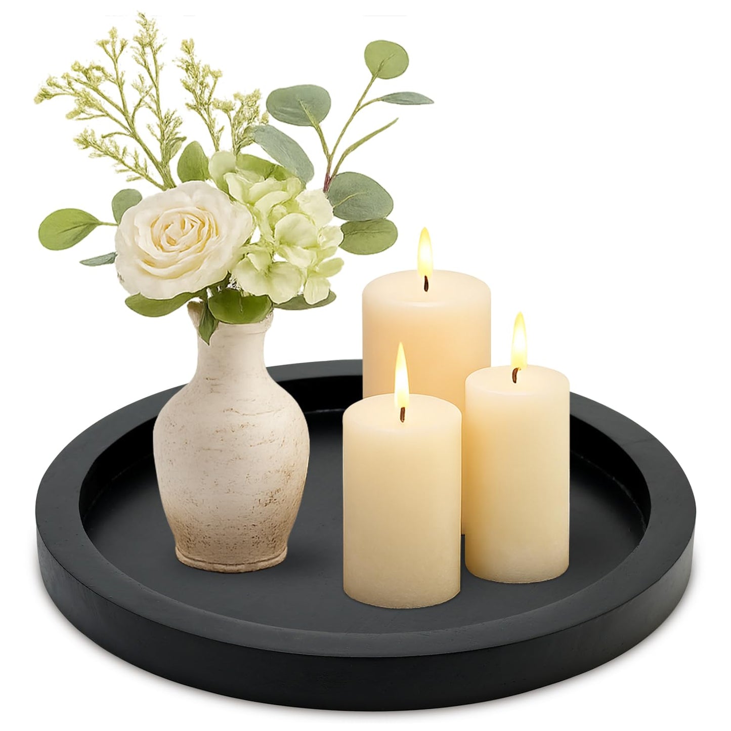 Black Round Wood Decorative Tray for Coffee Dining Table Centerpiece Decor | Small Wooden Serving Trays Farmhouse Kitchen Island Living Room Decor Candle Plates Holder Bathroom Counter Tray Accessories