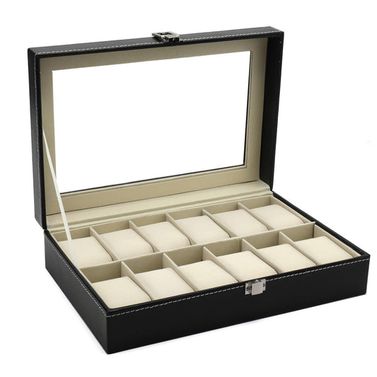 12 Slot Leather Watch Box Display Case Organizer with Framed Glass Lid Elegant Contrast and Removable Pillow for Men and Women Watch and Jewelry Large Holder Boxes