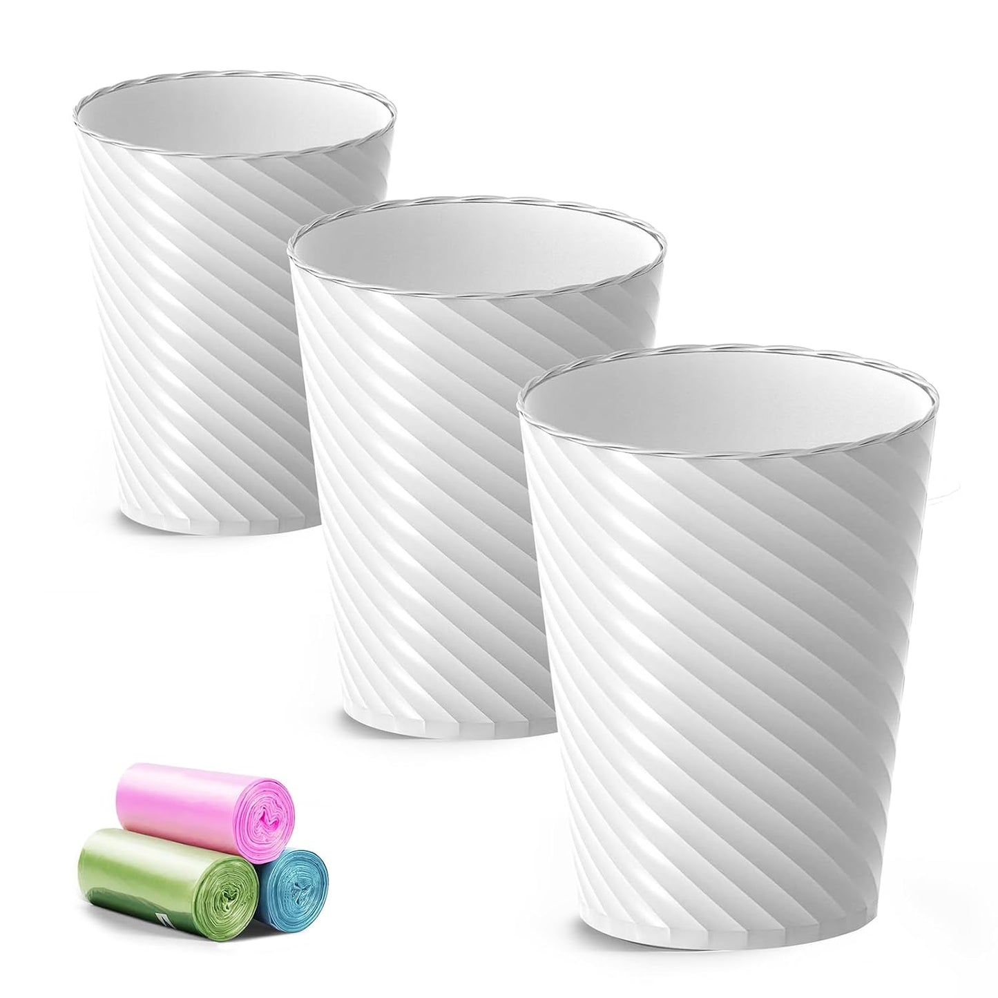 Lysam Bathroom Trash Can 3 Pack, 1.8 Gallon Small Trash Can with Trash Bags | Garbage Can for Bedroom Living Room, Open-Top|Sturdy Bin Indoor, Round Waste Basket for Office|Studio, Compact Spaces (White)