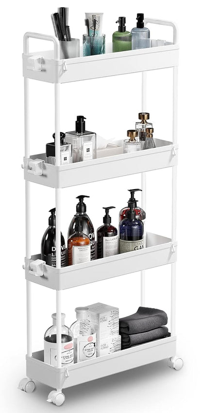 SOLEJAZZ Slim Rolling Storage Cart Skinny Bathroom Organizer, 4 Tier, White | Thin utility cart with wheels for bathroom, laundry room, bedside, kitchen, dorm, office, next to fridge, small narrow places