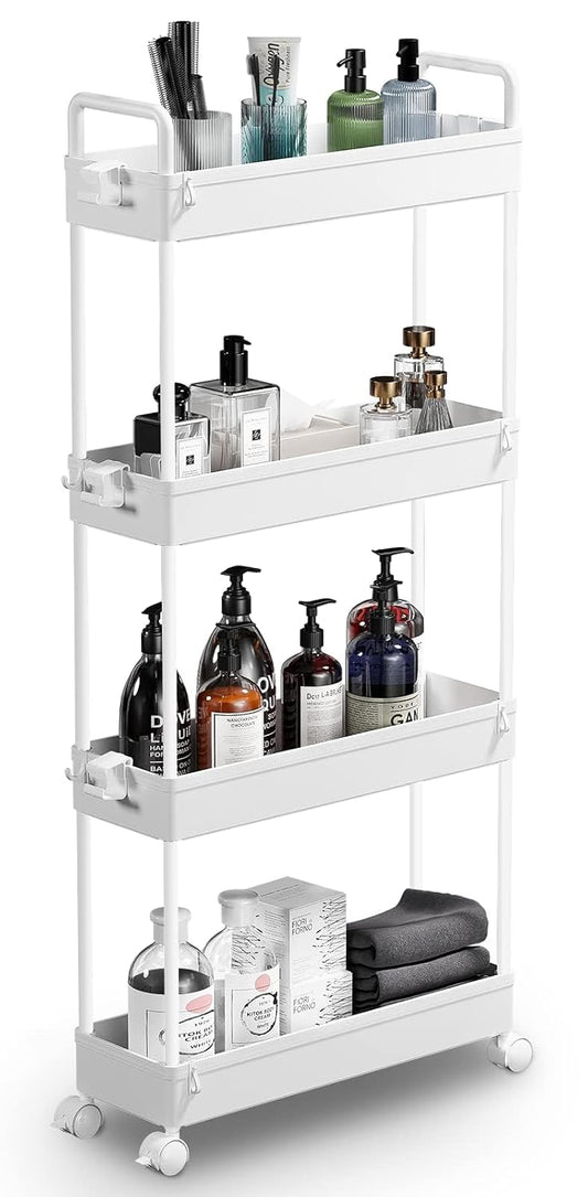 SOLEJAZZ Slim Rolling Storage Cart Skinny Bathroom Organizer, 4 Tier, White | Thin utility cart with wheels for bathroom, laundry room, bedside, kitchen, dorm, office, next to fridge, small narrow places