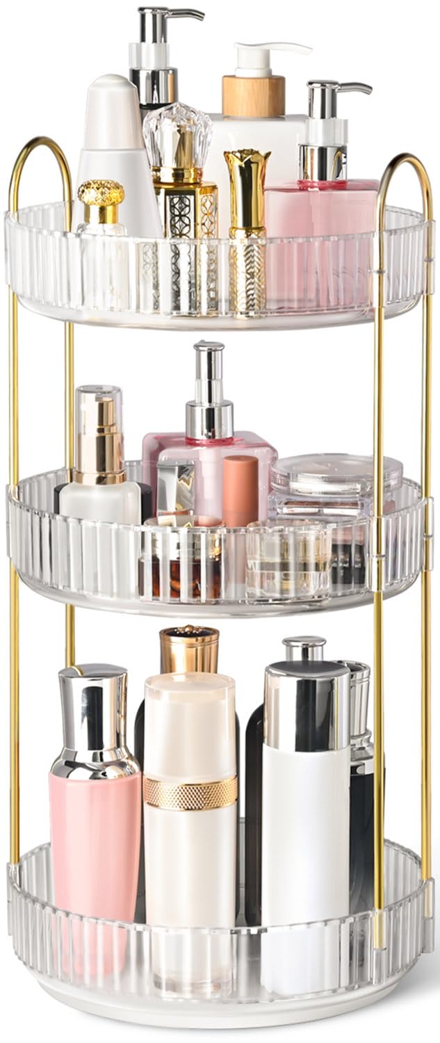360° Rotating Makeup Organizer for Vanity, 3 Tier Perfume Organizers, Clear | Large Capacity Spinning Bathroom Countertop Organizer for Skincare Cosmetic Perfume Lipstick Nail Polish Storage