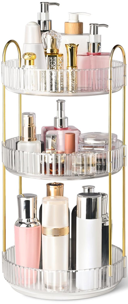 360° Rotating Makeup Organizer for Vanity, 3 Tier Perfume Organizers, Clear | Large Capacity Spinning Bathroom Countertop Organizer for Skincare Cosmetic Perfume Lipstick Nail Polish Storage