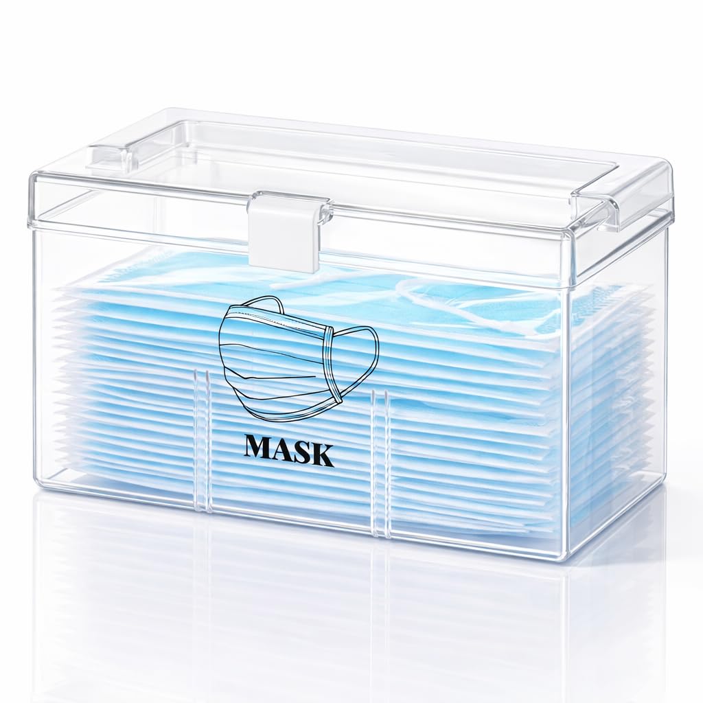 Face Mask Dispenser Box with Handle Countertop Mask Storage Box Holder Dust-Proof Mask Storage Case for Disposable Emesis Bag, Shoe Cover and Hairnet for Home Office Car Clear
