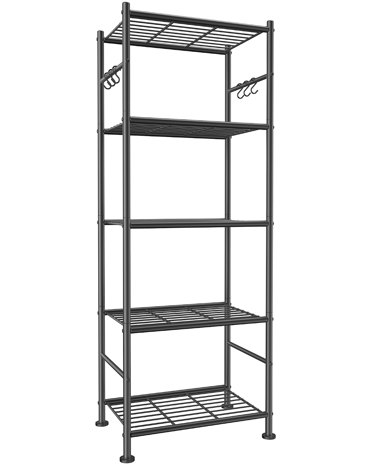 Storage Shelves - 5-Tier Large Capacity Shelf Organizer with Hooks, Heavy-Duty Garage Shelving with Leveling Feet, Wobble-Free Rack for Bedroom, Balcony, Garage, 18.1"×12.4"×56.8", Black