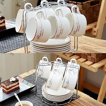 Tea Cups and Saucers Holder,Metal Tea Cups Coffee Cups Rack,Organizer for Coffee Cup Spoon and Saucers (Silver)
