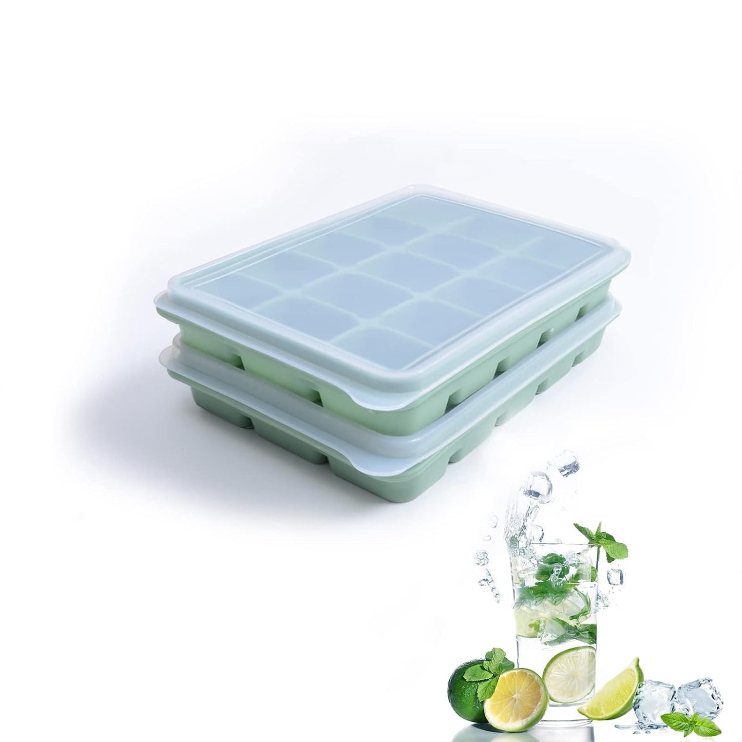 Ice Cube Trays Set of 2, 15-Cube Silicone Molds with Removable Lids | Stackable, easy release, BPA-free, reusable, for freezer and whiskey