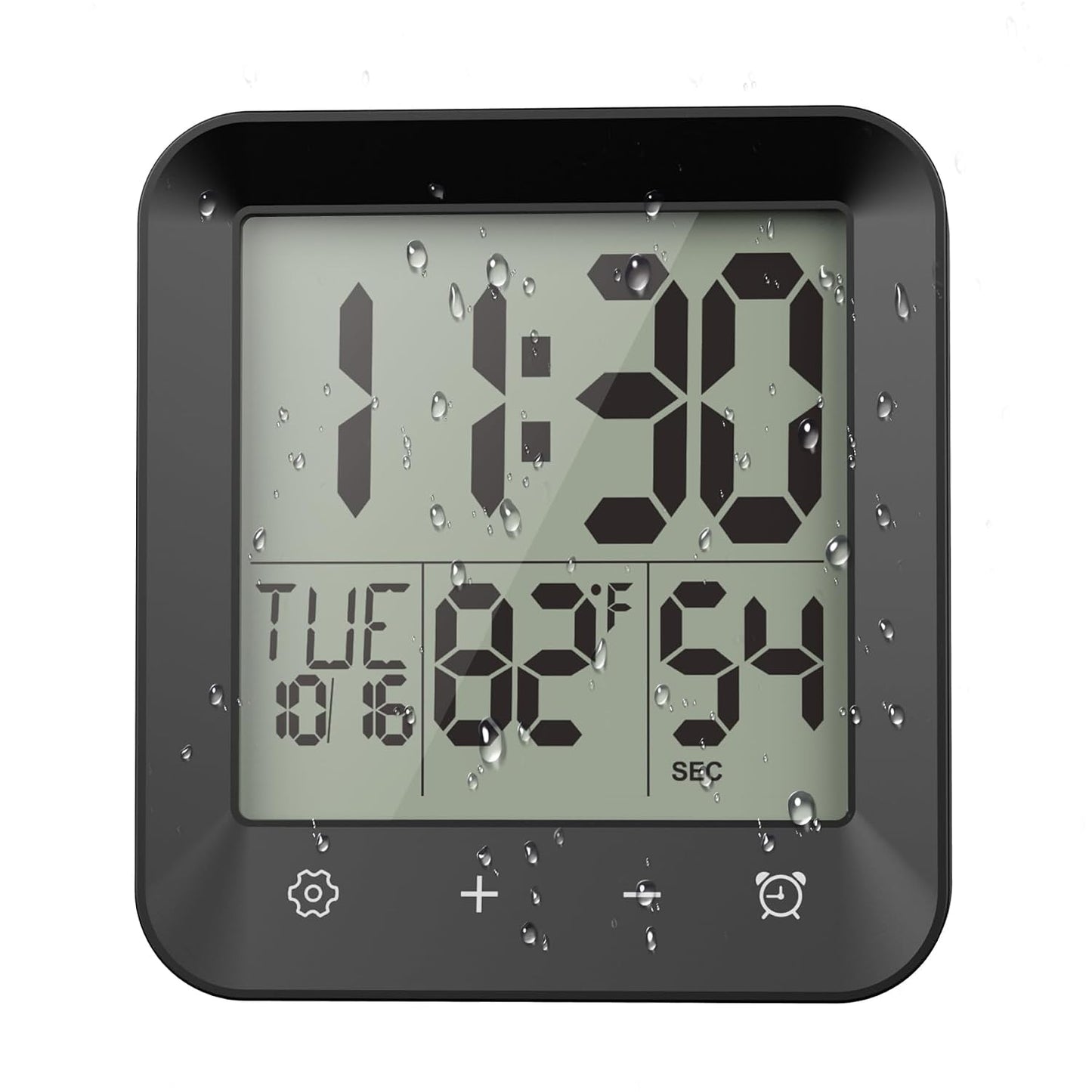 Waterproof Shower Clock, Digital Bathroom Kitchen Wall Clock Timer w/Temp. | w/Calendar, Touch Screen, Suction Cup, Hanging Hole, Battery Operated,Black