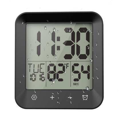 Waterproof Shower Clock, Digital Bathroom Kitchen Wall Clock Timer w/Temp. | w/Calendar, Touch Screen, Suction Cup, Hanging Hole, Battery Operated,Black