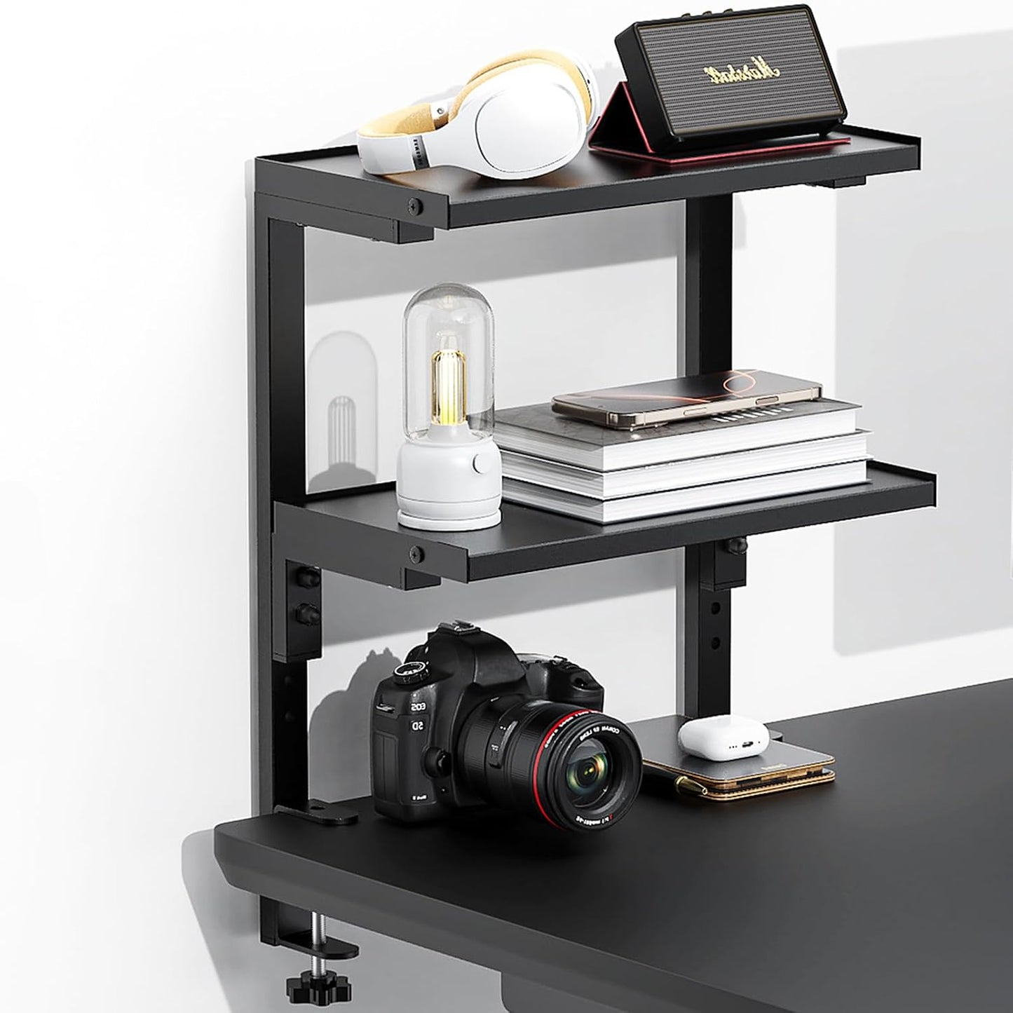 2 Tier Clamp on Desk Shelf | Office Desk Shelves Organizer, Wood Desktop Supplies Storage Rack, Desk Organizers and Accessories (Black)