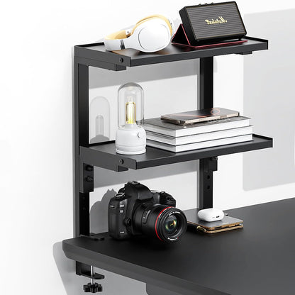 2 Tier Clamp on Desk Shelf | Office Desk Shelves Organizer, Wood Desktop Supplies Storage Rack, Desk Organizers and Accessories (Black)