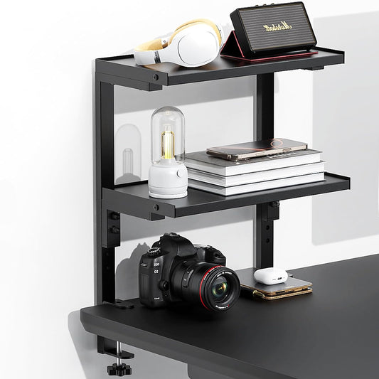 Spacrea 2 Tier Clamp on Desk Shelf | Office Desk Shelves Organizer, Wood Desktop Supplies Storage Rack, Desk Organizers and Accessories (Black)