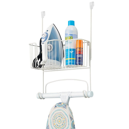 mDesign Steel Metal Over Door Ironing Board Holder with Large Storage Basket for Laundry, Utility, Mudroom, Garage - Holds Iron, Board, Spray Bottles, Starch, Detergent, Fabric Refresher - White