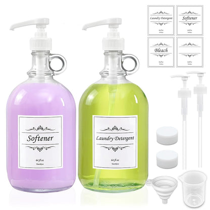 2 Pack Laundry Detergent Dispenser with Pump and Lid, 64 Oz Glass Bottles for Laundry Room Organization and Storage, Fabric Softener Dispenser for Washer