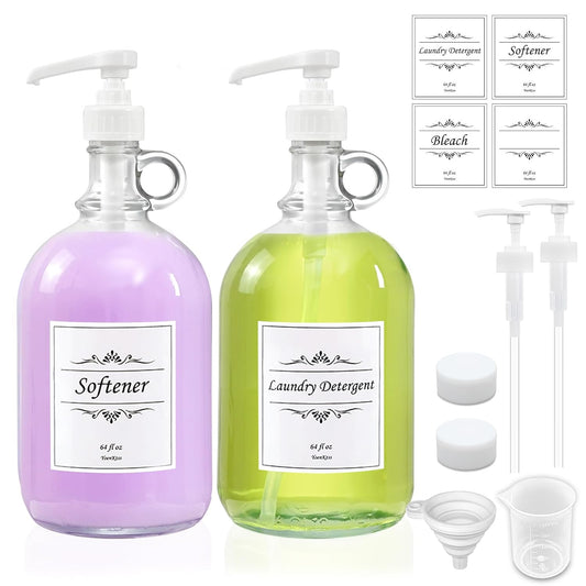 2 Pack Laundry Detergent Dispenser with Pump and Lid, 64 Oz Glass Bottles for Laundry Room Organization and Storage, Fabric Softener Dispenser for Washer