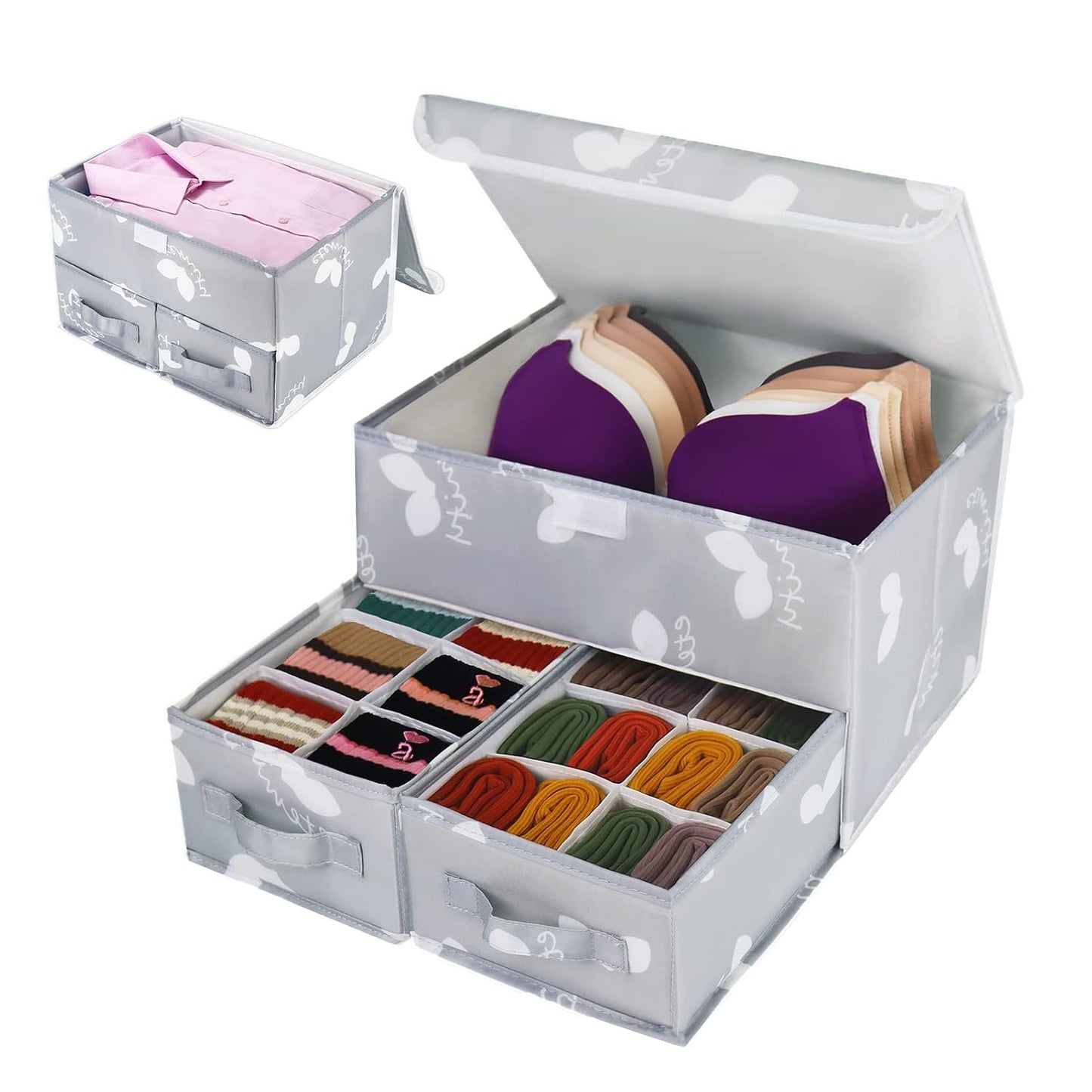 EASEVE Sock Underwear Drawer Divider - Closet Organizers and Dresser Organizer Wardrobe Clothes Box Storage Bins with Lid for Bra, Leggings, Shirt, Panty (1 Pack, Grey)