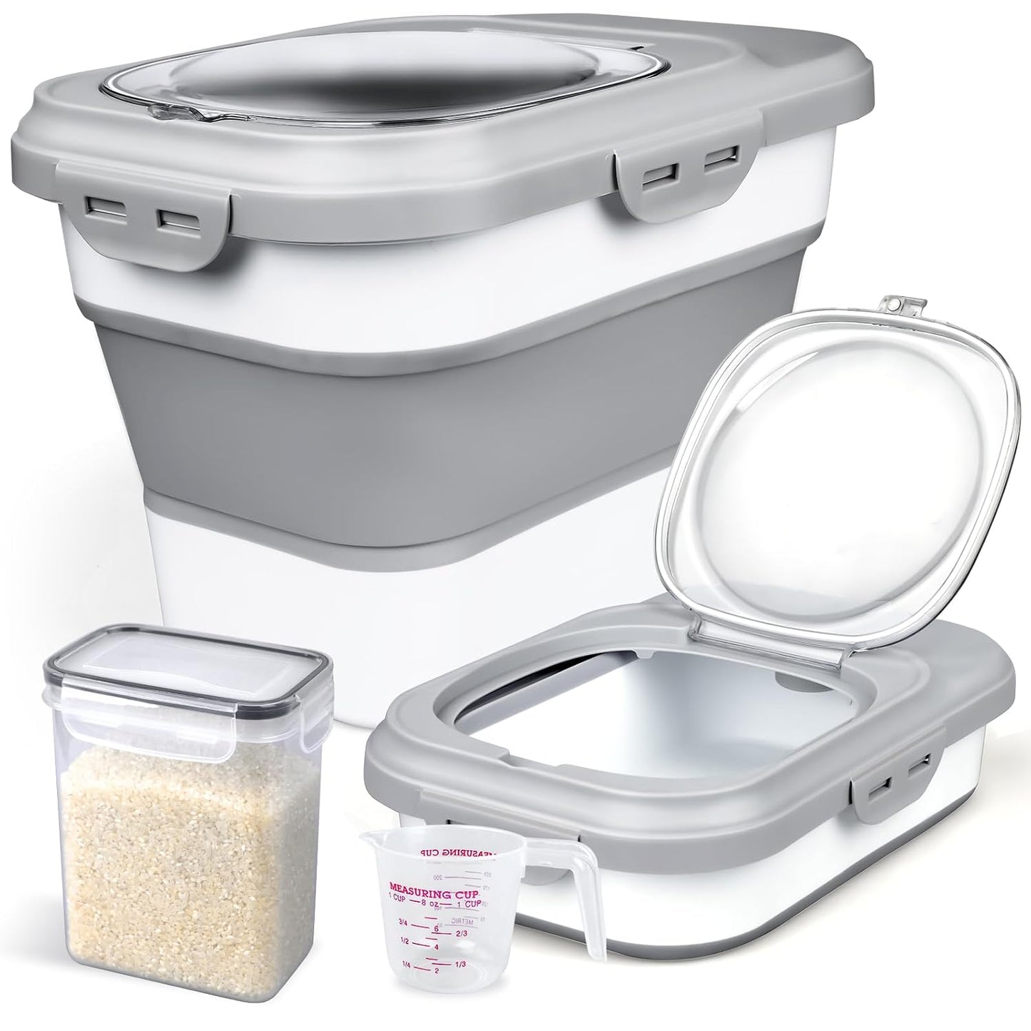 Rice Storage Container, Collapsible Airtight Food Storage Containers 6-20 Lbs, Rice Dispenser with Measuring Cup and Small Bin for Flour Cereal Pasta Grain, Cat Pet Dog Bird Food Container