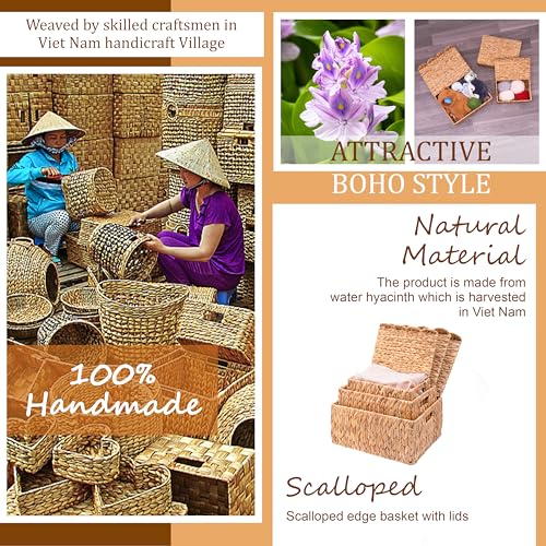 LUSYDECO Set of 3 Scalloped Edge Wicker Basket with Lid, Rectangle Wicker Storage Basket with Built-in Handles, Multipurpose Organizer Rattan Display Boxes for Shelf, Nursery Room