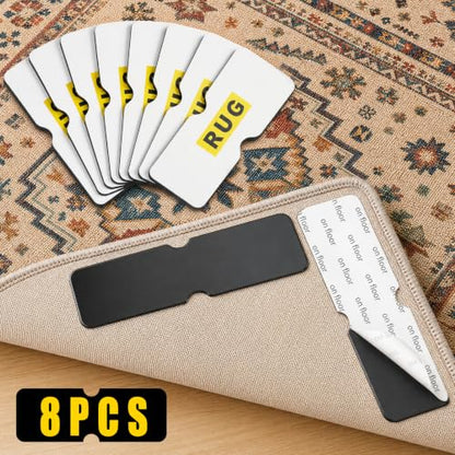Rug Grippers for Hardwood Floors, No Damage Reusable Non Slip Rug Tape Pads, Washable Strong Adhesive Carpet Grippers for Area Rugs, Keep Corners Flat, Low-Profile Floor-Safe Removal (8)