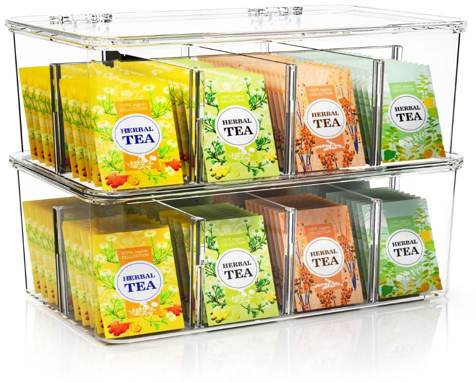 Tea Bag Organizer With Lids, (2 Pack) Clear Pantry... (Clear | Plastic)