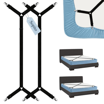 Sopito Sheet Straps, Adjustable Bed Sheet Suspenders Max Stretch from 29.5 in to 82.7 in Compatible for Crib to King Size Bed, Non Slip Holder Fasteners Clips, 2pcs/Black