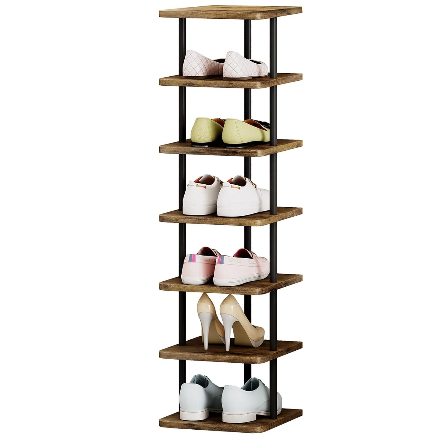 Shoe Rack Storage Vertical Narrow Shoe Organizer Shelf 7 Tier | Metal Slim Shelf,Modern Minimalist Free Standing Shoe Tower, Saving Space for Closet,Entryway,Bedroom,Black+Rustic Brown