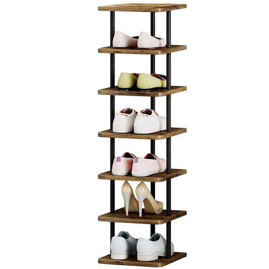 Shoe Rack Storage Vertical Narrow Shoe Organizer Shelf 7 Tier | Metal Slim Shelf,Modern Minimalist Free Standing Shoe Tower, Saving Space for Closet,Entryway,Bedroom,Black+Rustic Brown