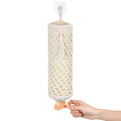 Plastic Bag Holder, Macrame Grocery Bag Storage Reusable Hanging Shopping Trash Bags Dispenser Boho Decor for Kitchen Closet Pantry Laundry Room, with 1 Traceless Hook
