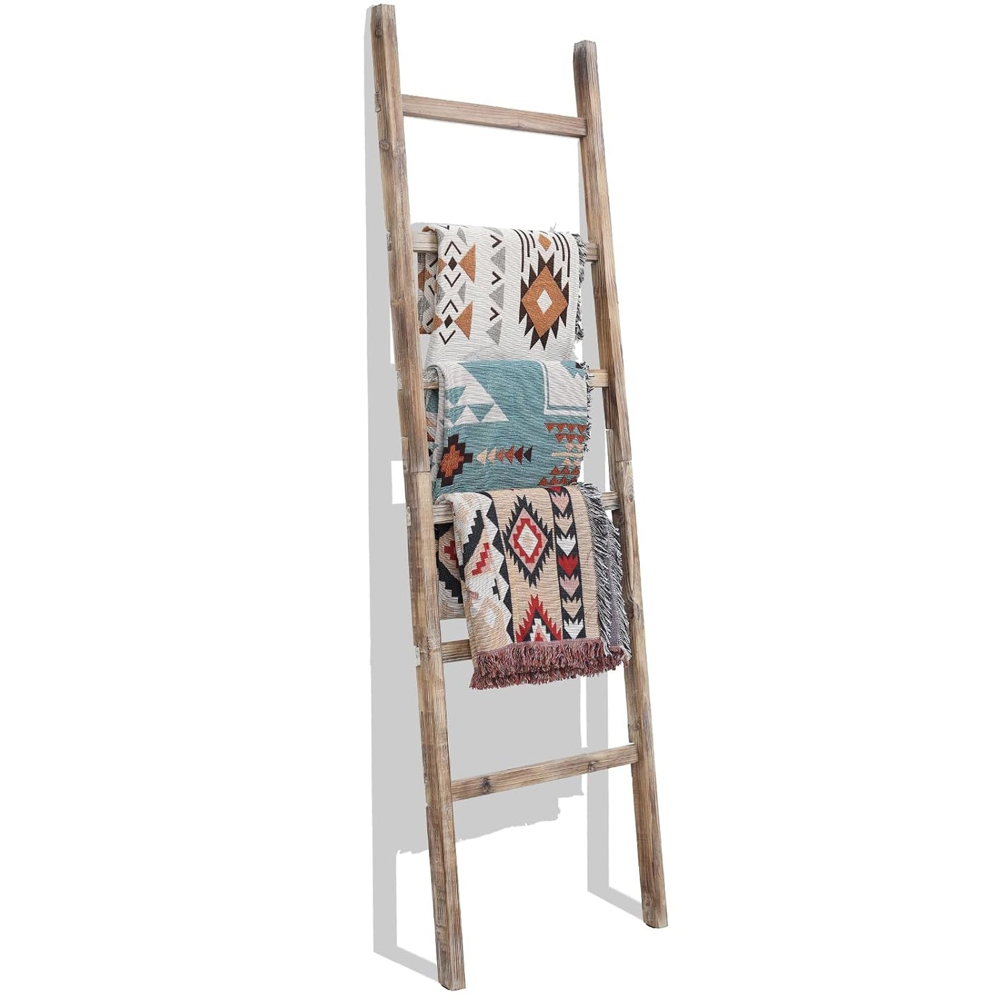 Blanket Ladder, 24in Wide Rustic Solid Wood Decor Rack, Burnt Brown | 6.4 ft high and 6 rungs, farmhouse quilt display holder, organize towel and scarf, leaning wall, bathroom and living room use