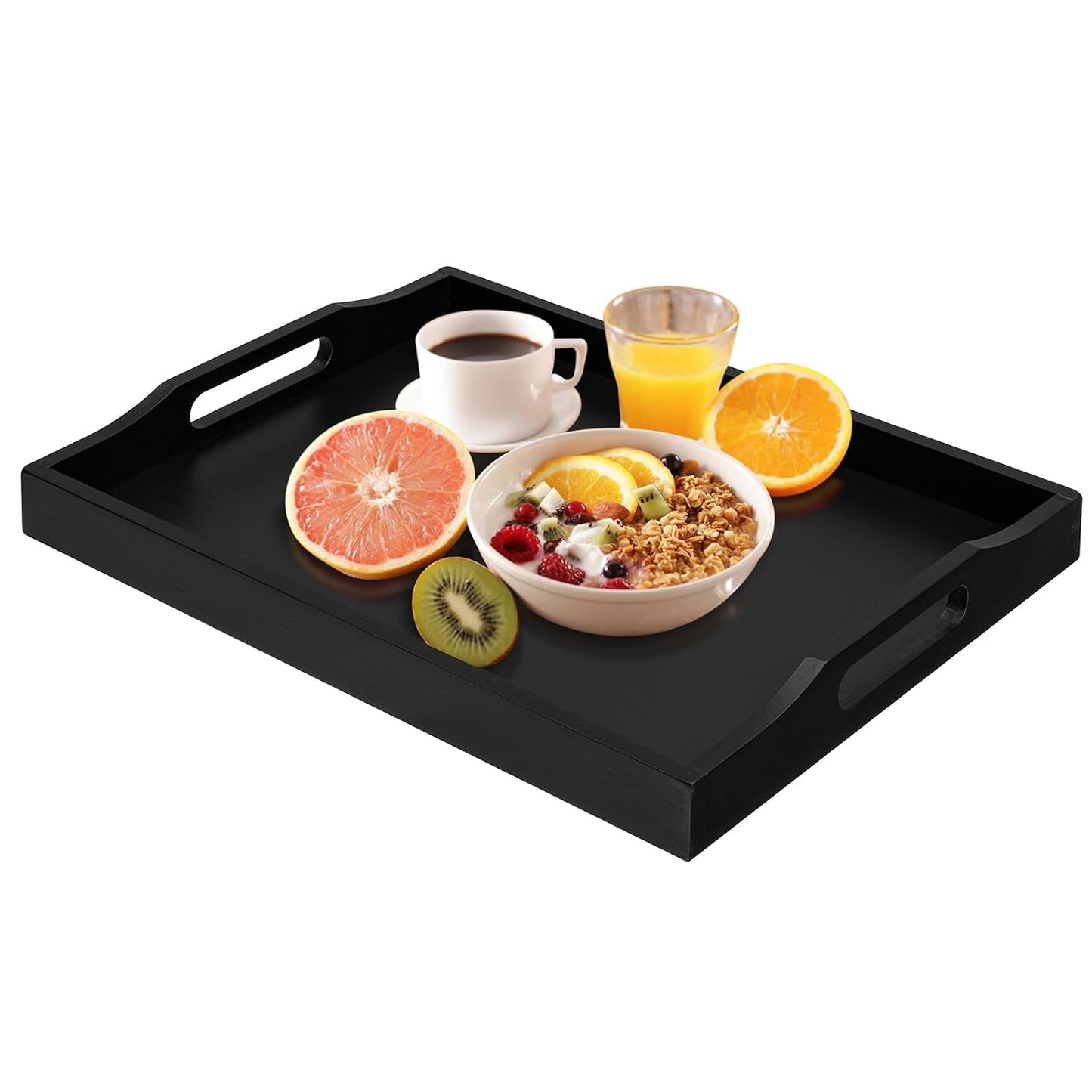 Bamboo Food Serving Tray with Handles,Breakfast Be... (Black | Bamboo)