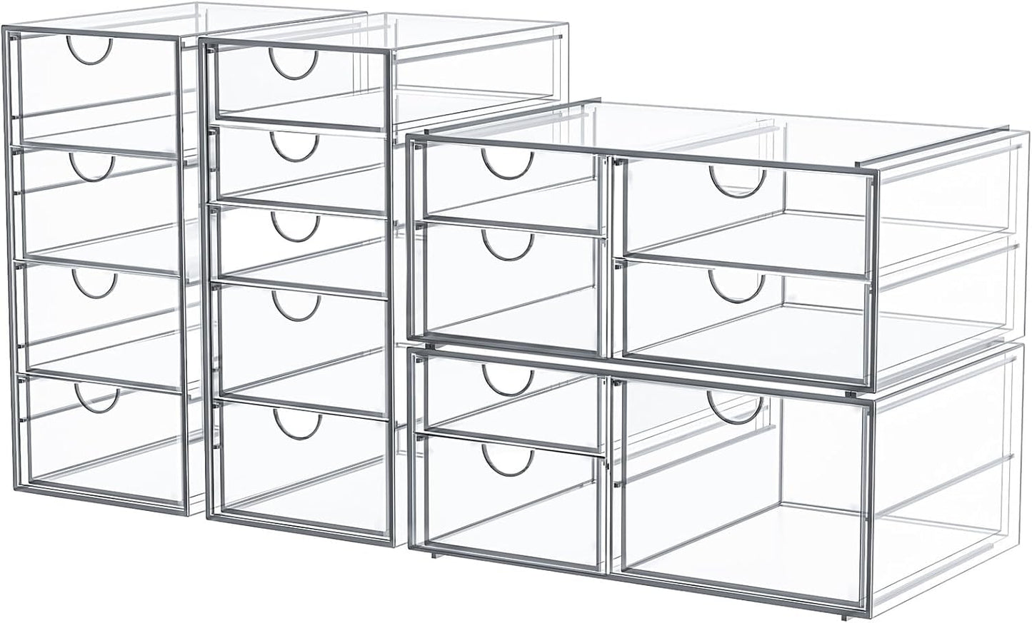 4-Pack Acrylic 16-Drawer Storage & Makeup Organizer for Desk | Smooth-glide drawers, clear acrylic, stackable, dustproof, wipe clean, for office supplies, pens, jewelry, makeup