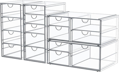 4-Pack Acrylic 16-Drawer Storage & Makeup Organizer for Desk | Smooth-glide drawers, clear acrylic, stackable, dustproof, wipe clean, for office supplies, pens, jewelry, makeup