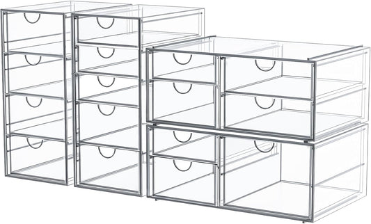 4-Pack Acrylic 16-Drawer Storage & Makeup Organizer for Desk | Smooth-glide drawers, clear acrylic, stackable, dustproof, wipe clean, for office supplies, pens, jewelry, makeup