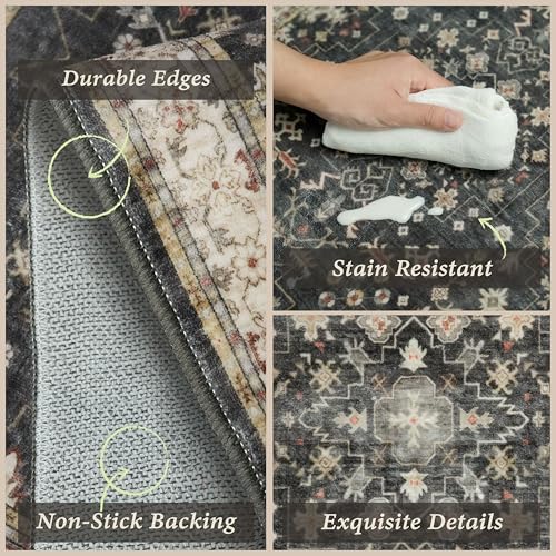 Black Boho Kitchen Rugs Set of 3, Non-Slip Machine Washable Kitchen Floor Mats, Low-Pile Runner Rug for Sink, Entryway, Bathroom, Laundry Room, Bedroom, Vintage Farmhouse Design