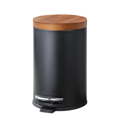 SunnyPoint Elite Bamboo Lid 4.5 Liter / 1.2 Gallon Round Trash Can with Plastic Inner Bucket; Bathroom, Office, Kitchen and Bedroom Step On and Slow Close (Black)