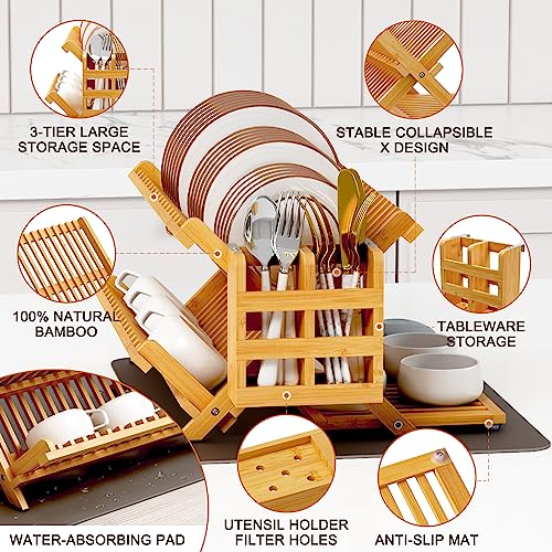 Greenual Bamboo Dish Drying Rack with Utensil Holder, 3 Tier Collapsible Dish Rack, Wooden Dish Racks for Kitchen Counter, Large Folding Drying Holder with Absorbent Dish Drying Mat