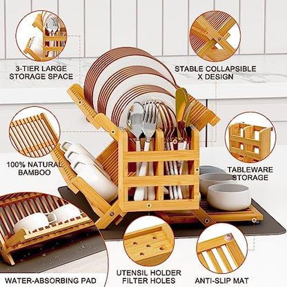 Greenual Bamboo Dish Drying Rack with Utensil Holder, 3 Tier Collapsible Dish Rack, Wooden Dish Racks for Kitchen Counter, Large Folding Drying Holder with Absorbent Dish Drying Mat