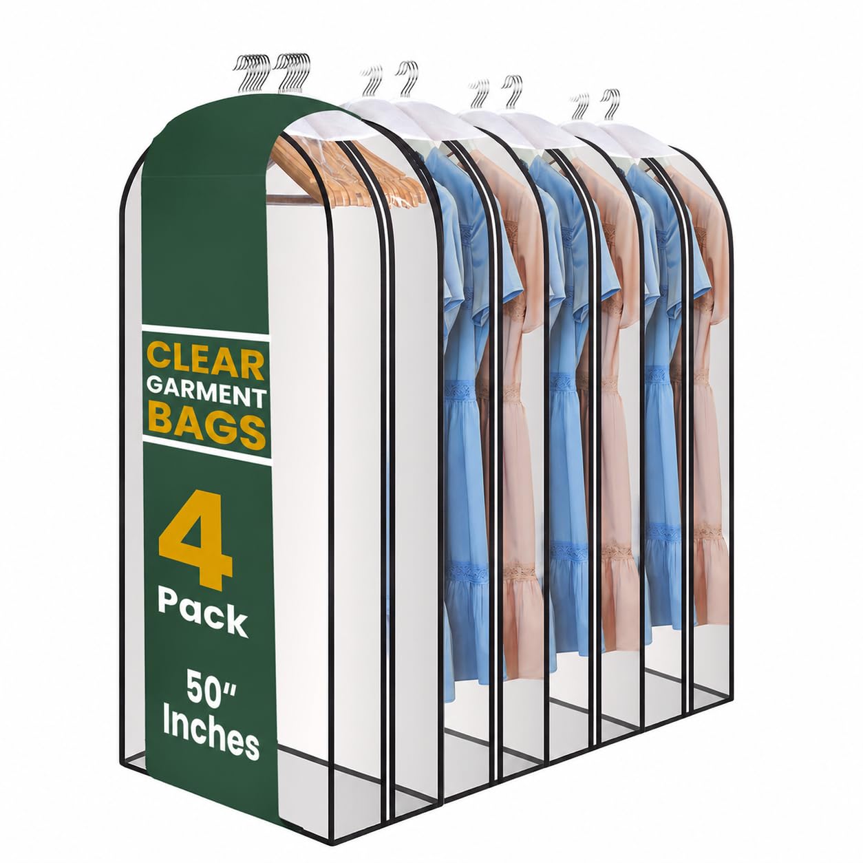 Handy Laundry Clear Garment Bags for Hanging Clothes, 50" Suit Bags with 10" Gusset, Heavy Duty Closet Storage Covers for Coats, Dresses, Shirts, Jackets, Dustproof & Breathable, 4 Pack