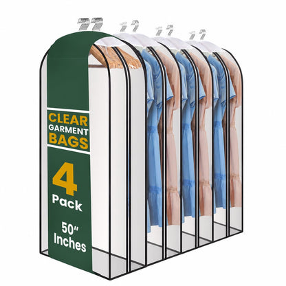 Handy Laundry Clear Garment Bags for Hanging Clothes, 50" Suit Bags with 10" Gusset, Heavy Duty Closet Storage Covers for Coats, Dresses, Shirts, Jackets, Dustproof & Breathable, 4 Pack