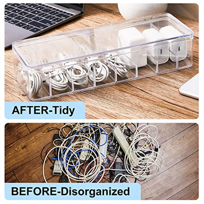 Tatuo 2 Pcs Cord Organizer for Drawer Desktop, Cable Organizer Box with 8 Compartments and Wire Ties, Plastic Charger Storage with Lid, Electronics Case for Home Office Accessories (Small,Clear)