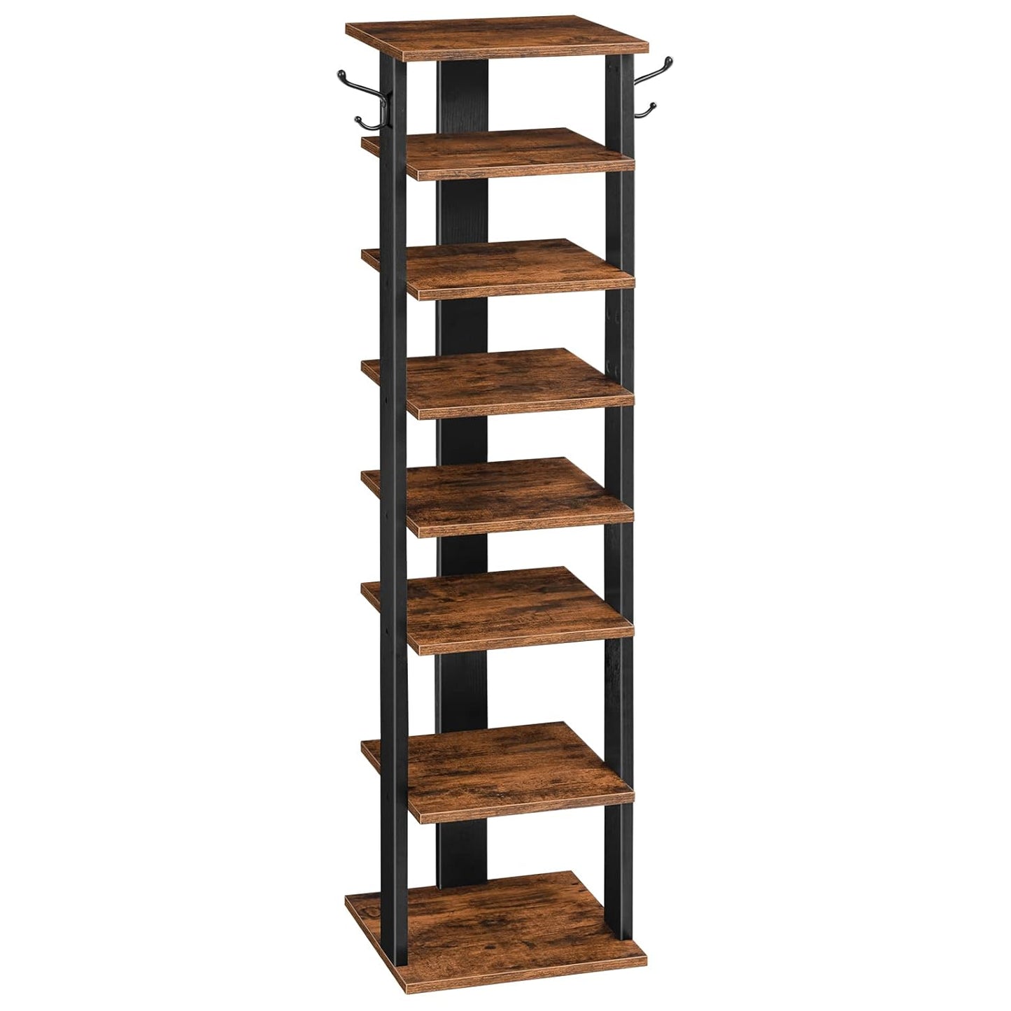 HOOBRO 8 Tiers Vertical Shoe Rack, Wooden Shoe Storage Organizer with Hooks, Narrow Shoe Tower for 8 Pairs, Space Saving, for Entryway, Living Room, Bedroom, Rustic Brown BF07XJ01G1