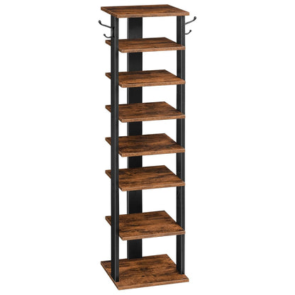 HOOBRO 8 Tiers Vertical Shoe Rack, Wooden Shoe Storage Organizer with Hooks, Narrow Shoe Tower for 8 Pairs, Space Saving, for Entryway, Living Room, Bedroom, Rustic Brown BF07XJ01G1