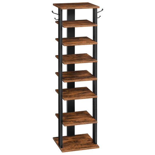 HOOBRO 8 Tiers Vertical Shoe Rack, Wooden Shoe Storage Organizer with Hooks, Narrow Shoe Tower for 8 Pairs, Space Saving, for Entryway, Living Room, Bedroom, Rustic Brown BF07XJ01G1