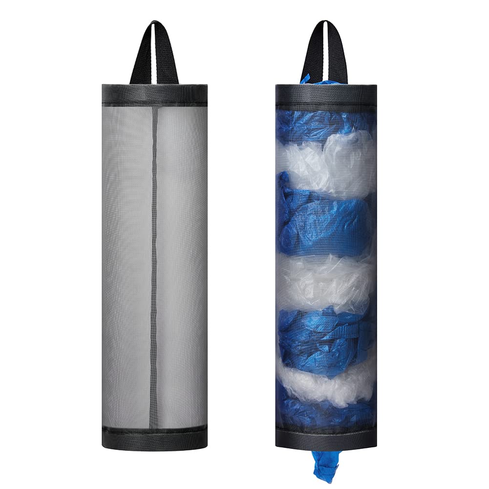 Bag Holder for Plastic Bags, 2 Pcs Polyester Grocery Bag Holder Plastic Dispenser Foldable Breathable Washable Hanging Mesh Garbage Bag Organizer for Kitchen Plastic Bag Storage (Gray)