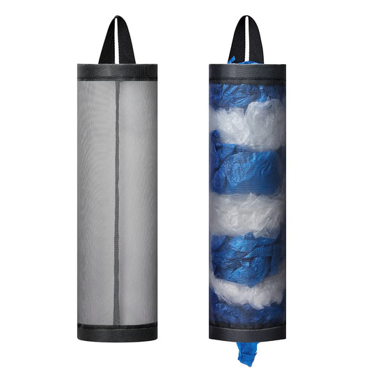 Bag Holder for Plastic Bags, 2 Pcs Polyester Grocery Bag Holder Plastic Dispenser Foldable Breathable Washable Hanging Mesh Garbage Bag Organizer for Kitchen Plastic Bag Storage (Gray)