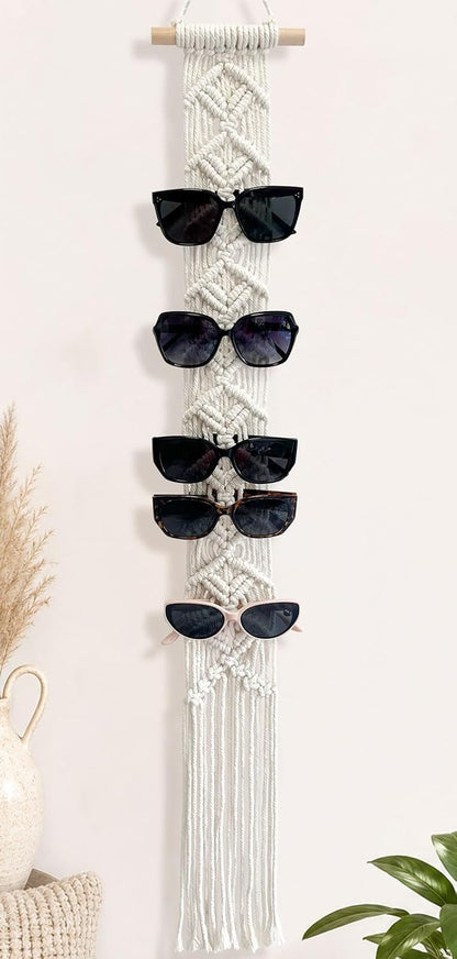 Besoamo Macrame Sunglasses Holder for Wall, Boho Eyeglasses Organizer Holds Up to 10 Pairs, Handmade Cotton Rope Glasses Rack, Hanging Eyewear Display Storage for Home, Bedroom, Entryway, Closet