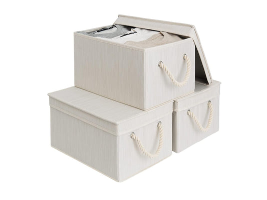 StorageWorks Storage Bins with Lids, Decorative Storage Boxes with Soft Rope Handles, Foldable Stackable Storage Baskets for Closet, Shelves, 3-Pack, Ivory and White, Large