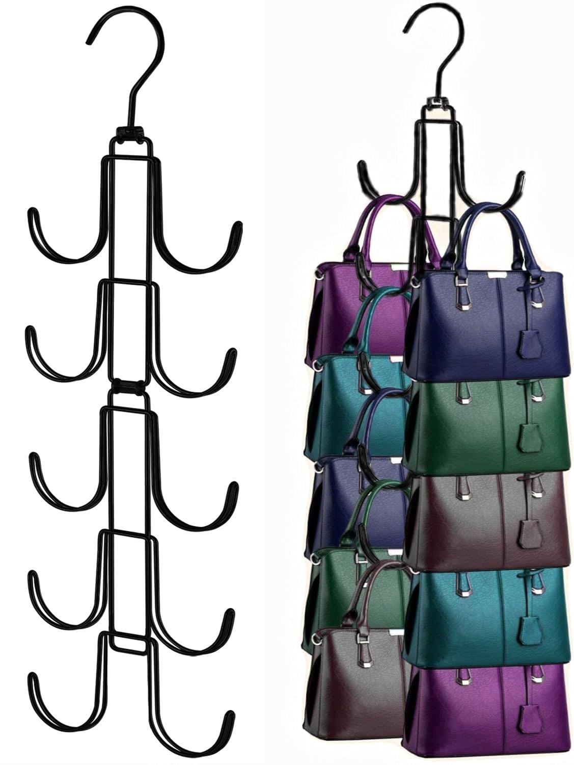 Handbags Purse Organizer for Closet: Bag Hanger with 10 Big Hooks | 360° Rotation Purse Hanger for Display and Rack - Collapsible Space Saving for Handbag Belt Scarve Tie - 1 Pack Black